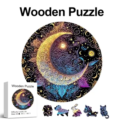 Sun Moon Wooden Jigsaw Puzzles Art Unique Animal Shaped Pieces Stress Relieve Toys, DIY Leisure Game