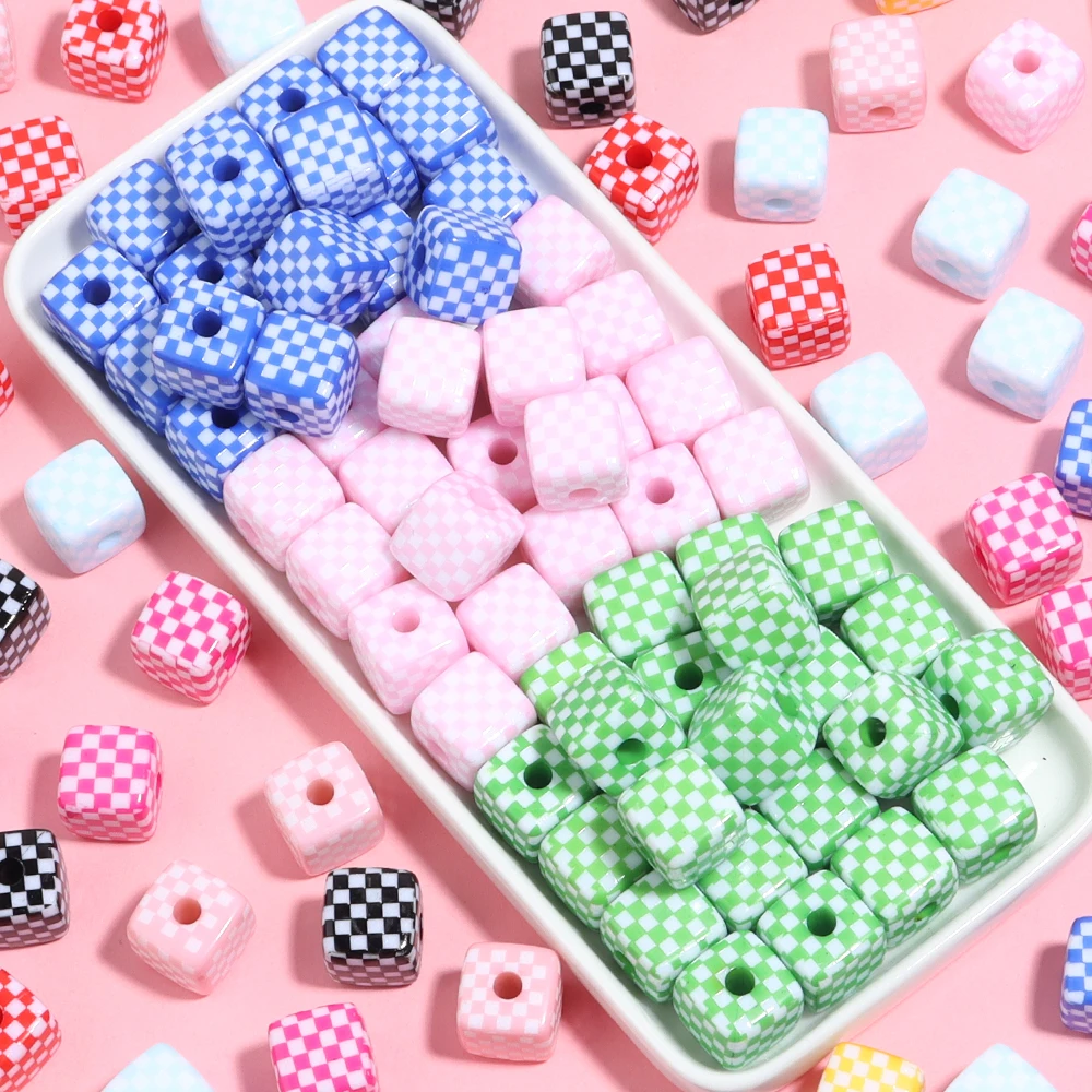 10Pcs/Lot Acrylic Color Square Beads Checkerboard Cube Big Hole Spacer Beads for Jewelry Making DIY Charms Kid's Toy Accessories