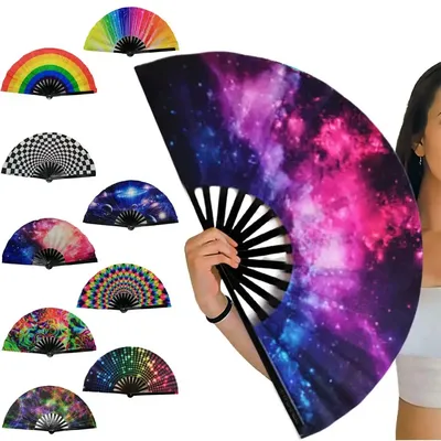 Folding Fan Bright Color Rainbow Starry Sky Color Glow In The Dark Festival Performance Party