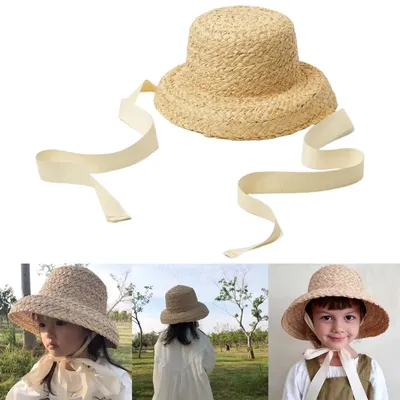 Handwoven Kids Straw Cap Girl Floppy Hat Wide Brim Fishing Cap Vacation Hat Dropshipping