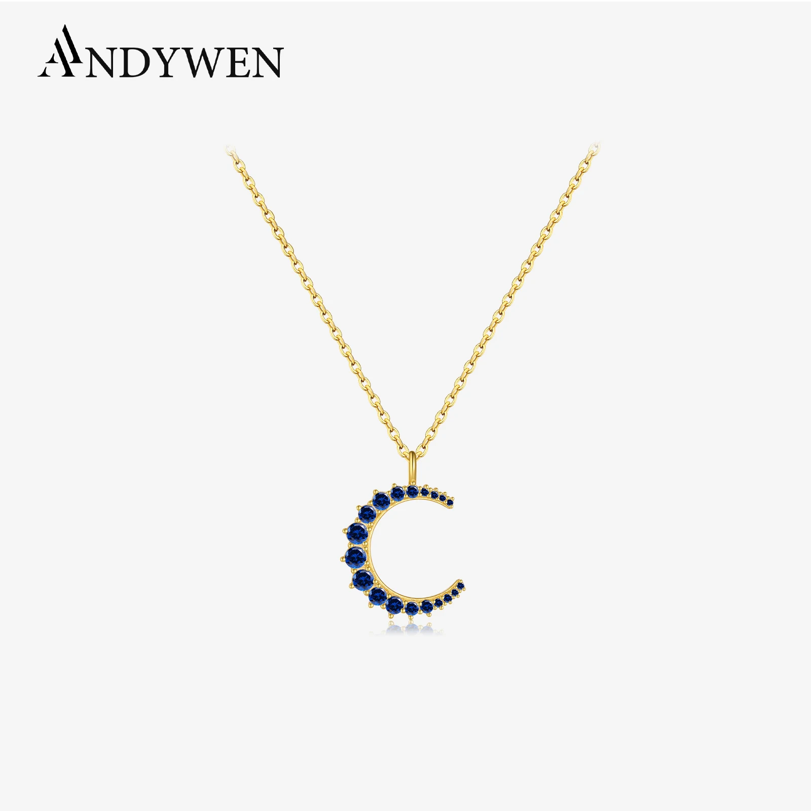 ANDYWEN 925 Sterling Silver Gold Zircon CZ Moon Pendant Big Pendant Long Chain Clear Women Luxury Jewelry Fine Jewelry