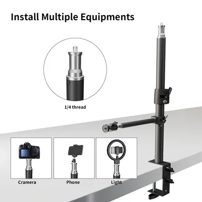 Desk Mount C-Stand With Flexible Auxiliary Holding Arm Overhead Camera Webcam Table C-Clamp Ring