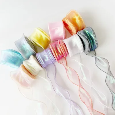 Rainbow Fishtail Yarn Ribbons Wave Edge Organza Lace DIY Bouquet Packaging Bow Material Wedding