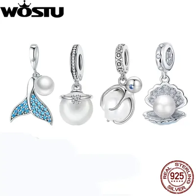 WOSTU 925 Sterling Silver Natural Fresh Pearl Octopus Charms Mermaid Pendants Fit Original Bracelet