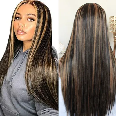 Highlight Honey Blonde Straight Synthetic Lace Front Wig for Women 1B 27 Colored Transparent Lace