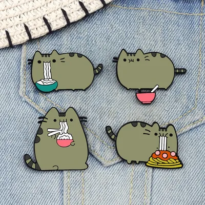 Cats Eat Noodles Enamel Pin Cartoon Fat Gray Cat Denim Bag Badge Chubby Greedy Animals Jacket Lapel