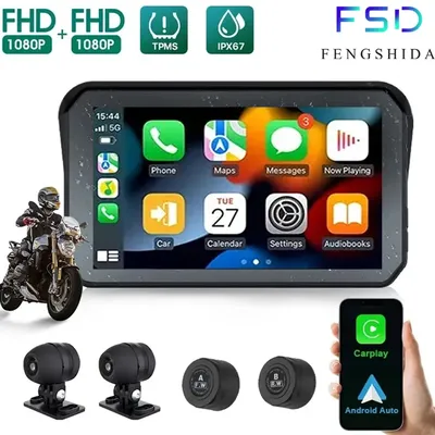 5 inch Motorcycle Carplay Waterproof 1080P WiFi Wireless Android-Auto DVR Monitor Dash Cam GPS Navigation TPMS