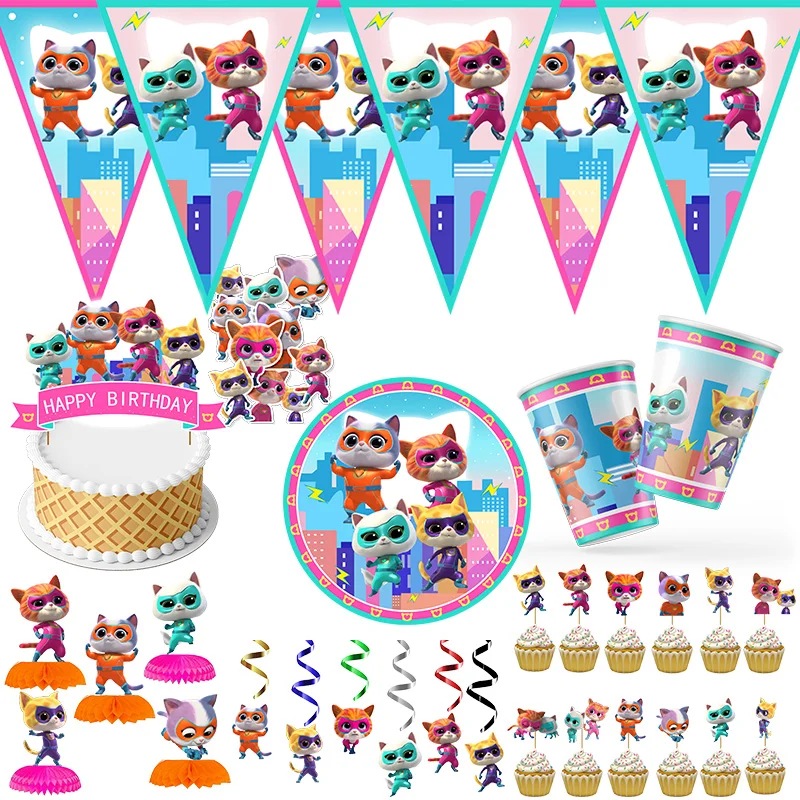 Cartoon MINISO Superkitties Birthday Party Baptism Disposable Tableware Brooch Spiral Paper Straw Party Supplie Decorate Packing