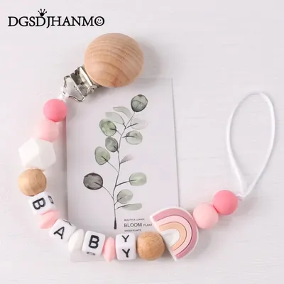 Custom Personalized Name Pacifier Holder Chain Handmade Beech Wooden Clip Cilicone Teether Baby