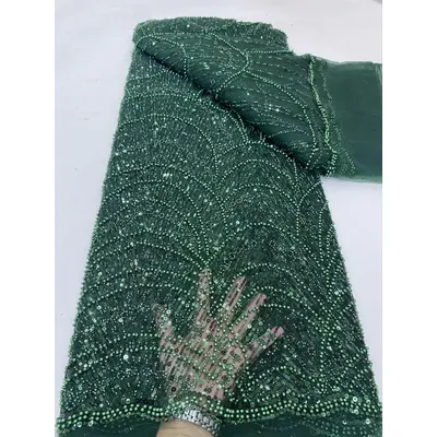 (5yards/pc) High quality emerald green African beads sequins tulle lace embroider French lace