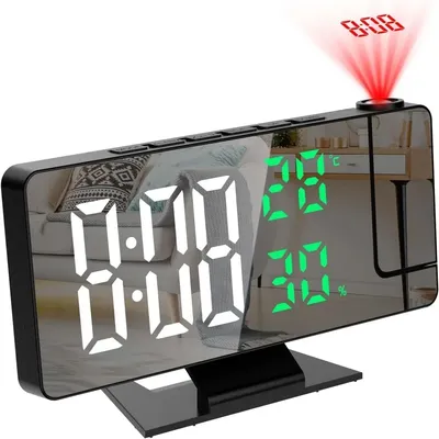180° Arm Projection Digital Alarm Clock Temperature Humidity Night Mode Snooze 12/24H USB Powered