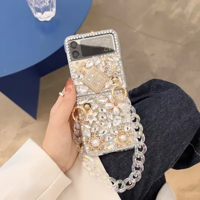 For Motorola Razr 40 Moto Razr40 Ultra Rhinestones Crystal Pearl Crown Flower Wrist Luxury Phone