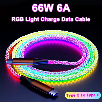 PD 66W 6A RGB Light Type C to Type C Fast Charging Data Cable For Xiaomi K50 Samsung S23 Huawei P60