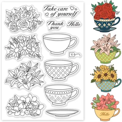 1 Sheet Tea Cup Clear Stamps Cup and Flowers Silicone Stamps Wishing Words Transparent Rubber for