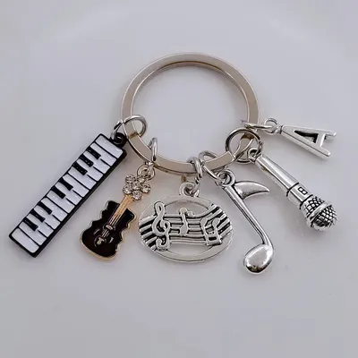 New Fashion A-Z Letter Microphone Piano Keychain Music Keychain Metal Note Guitar Pendant Handmade