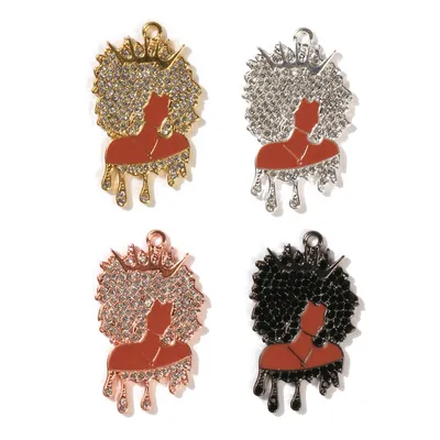 10pcs Micro Pave Afro Black Girl Charm for Bracelet Necklace Making Bling Black Dripping Queen