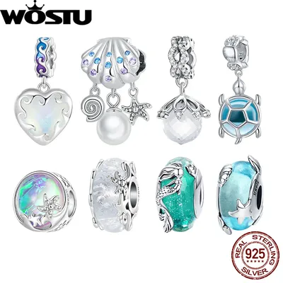 WOSTU 925 Sterling Silver Ocean Mermaid Charms Sea Turtle Pendant Rainbow Crystal Pearl Beads Fit