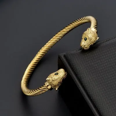 New Fashion Leopard Head Stainless Steel Open Men Women Cuff Bangles Trendy Mesh Surface Chain Link