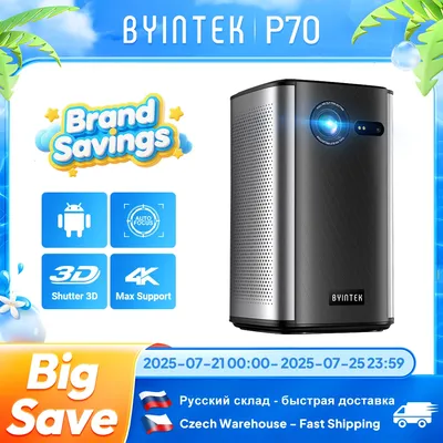 BYINTEK P70 Projector 4K 1080P DLP Mini Portable Projector Home Theater Smart Wi-Fi & Bluetooth for Movies & Gaming With Battery
