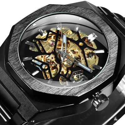 WINNER Black Gold Skeleton Mechanical Watches for Men Fashion irregular Automatic Watch Luxury Brand