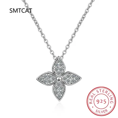 Glitter Four-leaf Clover 925 Sterling Silver Necklace Pendants For Women Clothes Match Decoration