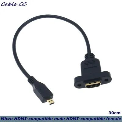 30cm Micro HDMI-Compatible Male to HDMI-Compatible Female Extension Connector Screw Lock Panel Mount