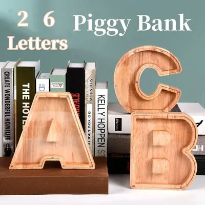26 Letters English Piggy Bank Wooden Coin Money Saving Box Jar Coins Storage Box Desktop Ornament