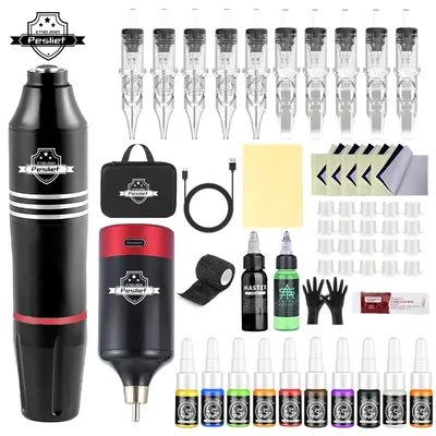 New 55Pcs Professional Wireless Tattoo Kit Complete Secant Fog Tattoo Machine with 1300mAh LED