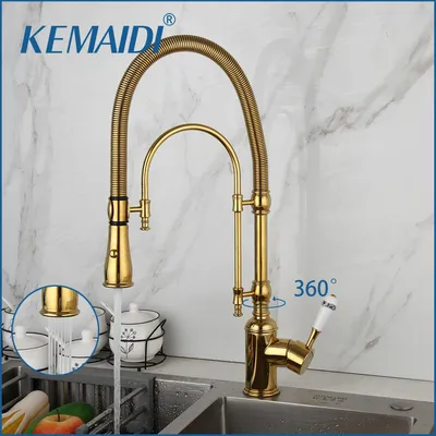 KEMAIDI Golden Spring Pull Down Kitchen Sink Faucet Hot & Cold Mixer Crane Tap with Dual Spout Deck