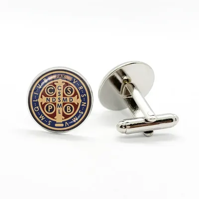 Saint Benedict Medal Pattern Silver Colour Cufflinks Handmade Catholic San Benito Glass Dome
