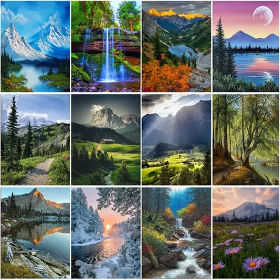 Natural Scenery Mosaic Painting Diamond Art Cross Stitch Kit Lakes Mountains Trees Flowers DIY