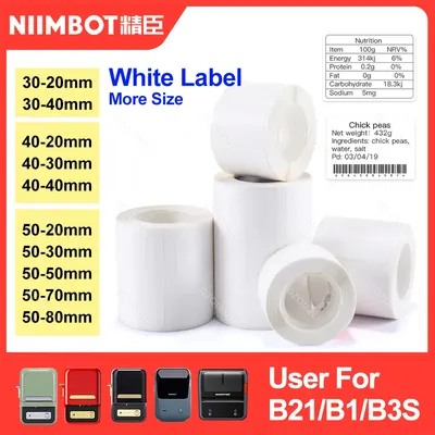 30-50mm Niimbot B21 B1 B3S Printer Label Paper Roll White Sticker Print Papers Rolls Tear-proof