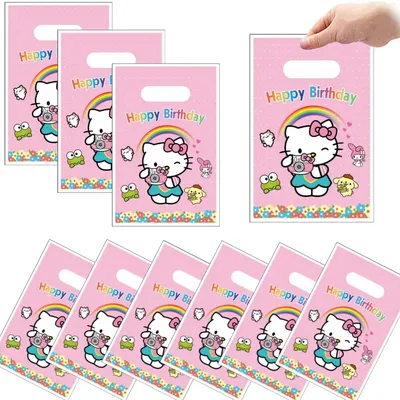 Hello Kitty Birthday Party Gift Bag Pink Hello Cat Kitty Plastic Candy Treat Bags Kids Girls