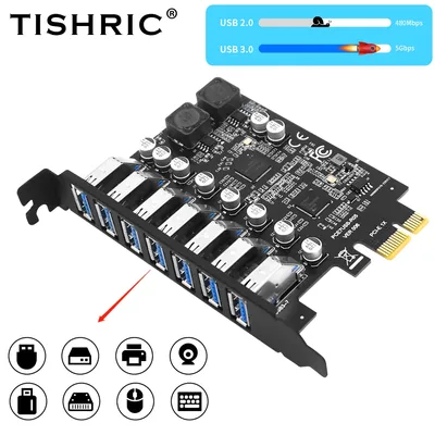 TISHRIC USB 3.2 Gen1 PCI Express Multiplier PCI E to 7 ports USB 3 Hub Expansion Adapter Card PCI-E