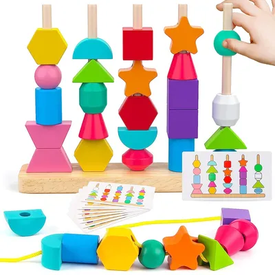 Montessori Wooden Beads Sequencing Toy Stacking Blocks & Lacing Beads & Matching Shape Stacker