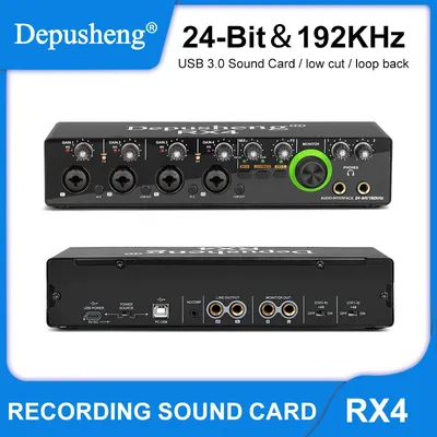 Audio Interface Professional Sound Card 4 in 2 out Depusheng RX4 Sound Card AD Converter with Monitoring Electric Live Recording
