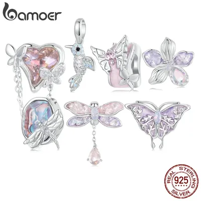 BAMOER Dragonfly/Butterfly/Flower/Bird Charm 925 Sterling Silver Charm Beads Fit Bracelet DIY