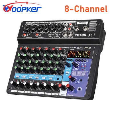 Woopker A8 Audio Mixer 8-Channel Sound Mixing Console Support Bluetooth USB 48V Power for Karaoke