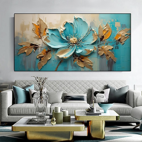 großes handgemaltes Blumenölgemälde auf Leinwand, goldrotes Blumengemälde, Wanddekor, abstraktes Texturblumengemälde, individuelles Blumenbaumgemälde, moderne Wohnzimmerdekoration Image