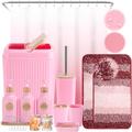 20PCS Pink Bathroom Accessories Set with Shower Curtain,Rugs,Trash Can,3PCS Lotion Soap Dispenser, Toothbrush Holder, Soap Dish,Tumbler Cup,6PCS Wood Tags Bath Accessories with Tray for Bathroom