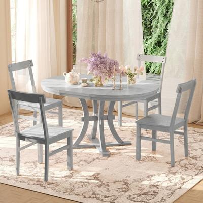 5-Piece Rustic Round Pedestal Extendable Dining Table Set with 15.7