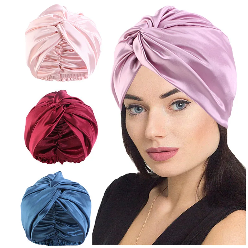 Stirn Kreuz Seidige Turban Kappe Frauen Kopf Wrap Doppel Schicht Satin Motorhaube Nacht Hut Damen Haar Abdeckung Schlaf Kappe Image