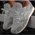 Sneakers piatte Glitter da donna Casual Bling scarpe vulcanizzate piattaforma con lacci in rete