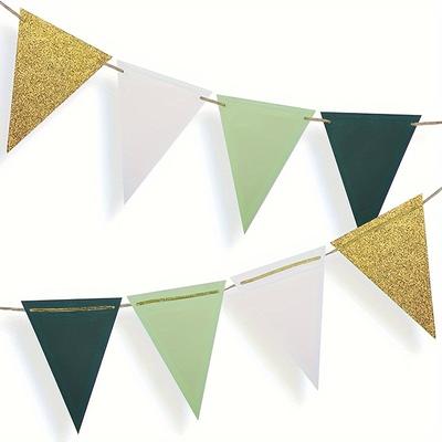 16pcs Golden, Green Triangle Flag, Baby Bridal Shower Birthday Party Decoration Wedding Bachelorette Women Engagement Party Pull Flag