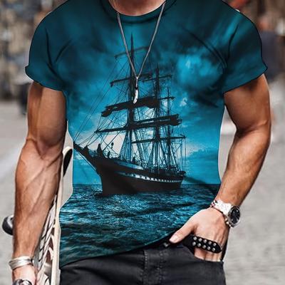 TEMU Men's Casual Short Sleeve T-shirt With 3d Boat Print, Crew Neck, Polyester 90% Spandex 10%, Medium Stretch, Regular Fit, Knit Fabric, 90gsm - Summer Pullover Top For Sailing Enthusiasts Image