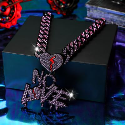 TEMU Men's Cracked Heart No Love Pendant Necklace - Hip-hop Style Sparkling Chain With Red Accent, Edgy Jewelry For , Statement Necklace, Quality , Durable Clasp Image