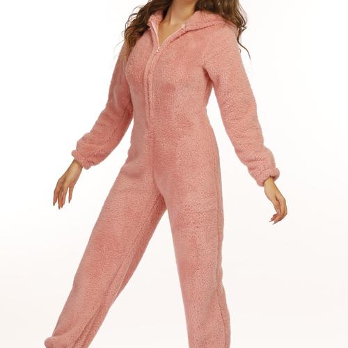 Zip Up Hooded Teddy Jumpsuit, Casual Long Sleeve Warm Jumpsuit, Women's Clothing