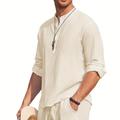 Men's Linen Blend Retro Henley Shirt Long Sleeve T-shirt Tee, Casual Comfy Shirts For Men Spring Summer Autumn, Men's Clothing Tops For Beach Yoga