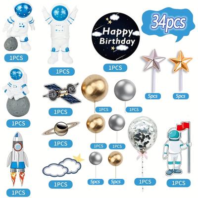 TEMU 34pcs, Astronaut Space Cake Top Outer Space Cake Decoration Outer Space Theme Party Supplies Astronaut Statue Planet Rocket Star And Pearl Ball Birthday Baby Gift Diy Cake Topper