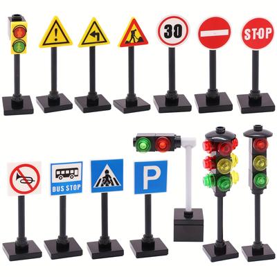 57pcs Traffic Road Sign Light Lamp Moc Block Brick City Street View Accessories Signpost Barrier Speed Limit Indicator Warning Building Model Kit, Halloween/thanksgiving Day/christmas Gift Easter Gift